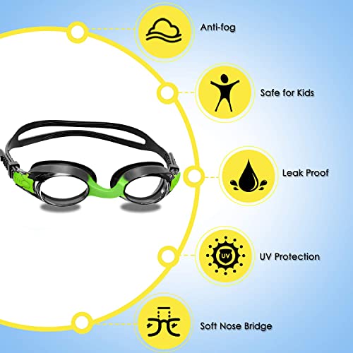 Kids Swimming Goggles, Swimming Goggles Kids 6-14, Kids Goggles Anti-Fog No Leak Proof Uv Resist Childrens Swimming Goggles Boys Girls Goggles Food Grade Silicone Comfort with Nose Clip(Age 3-14)