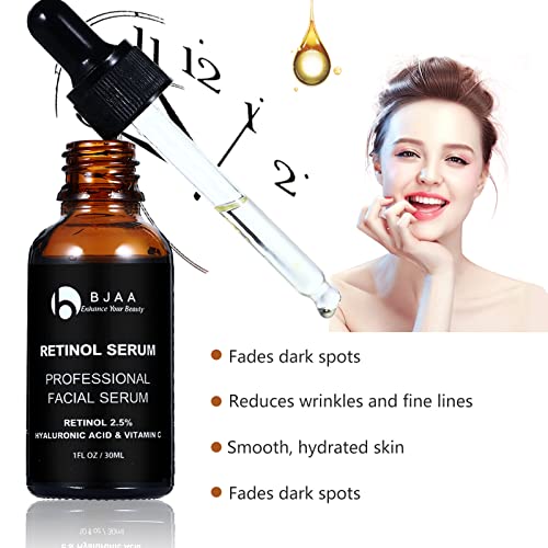 BJAA Retinol Serum - High Strength with 2.5% Retinol, Hyaluronic Acid, Vitamin C & E, and Organic Aloe. Anti-Wrinkle Anti-Ageing Facial Serum for Dark Spot, Fine Lines, Scar and Skin Repair 30ml