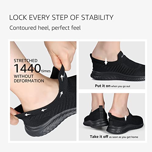 Womens Trainers Slip On Walking Shoes Athletic Running Shoes Casual Lightweight Tennis Sneaker Breathable Sport Gym Fitness Shoes All Black UK 6 /CN 40