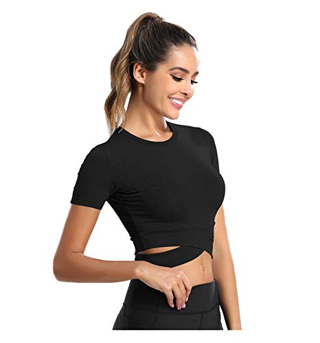 SotRong Womens Cross Bandage Workout Crop Tops Slim Fit Gym Yoga Tops Cute Athletic Crossover Shirts Activewear Short Sleeve Black M