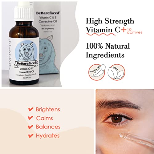 BeBarefaced Vitamin C & E Face Oil Face Serum Moisturiser - Skin Care Facial Oil Vitamin E Oil with Hyaluronic Acid, Rosehip Oil for Face and Grapeseed Oil - Anti Aging Skin Brightening Collagen Serum