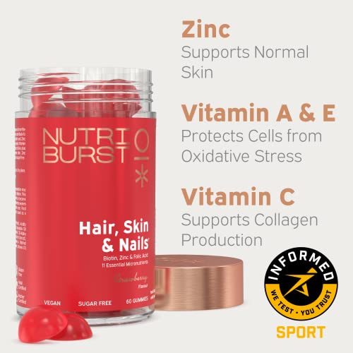 Nutriburst - Hair Skin and Nails Gummies - Biotin Zinc Vitamin E for Thicker Hair & Stronger Nails - Sugar Free Supplements - 60 Gummies 1 Month Supply - Plant Based Suitable for Vegetarians & Vegans