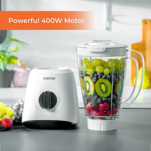 Geepas Electric Blender Smoothie Maker, Jug Blender 2 in 1 - 400W, White | Stainless Steel Blades| 1.5L Jar | Chopper, Coffee Grinder Smoothie Milkshake Maker,1 pack