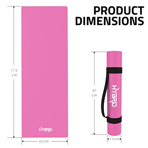 HYBRID Yoga Mat PREMIUM High-Density NBR Foam with Carrying Strap - Non Slip Eco-Friendly Indoor Outdoor Exercise Mat for Home, Gym - 183 x 60 x 1 cm Thick Pilates Mats for Women and Men (Pink)