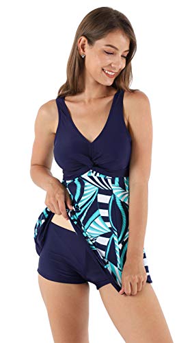 ECUPPER Women's One Piece Retro Swim Dress Plus Size Swim Wear Printed Floral Bathing Suit with Boy Shorts Navy Blue 5XL