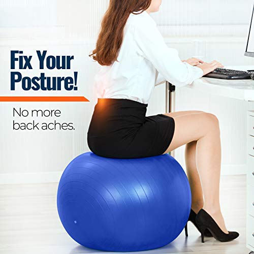 Yoga Ball Chair - Exercise Ball & Stability Ring. For Pregnancy, Balance, Pilates or Birthing Therapy. Use at Office, Gym or Home. Anti-Burst and Anti-Slip Premium Grade (65cm, Regal Blue)