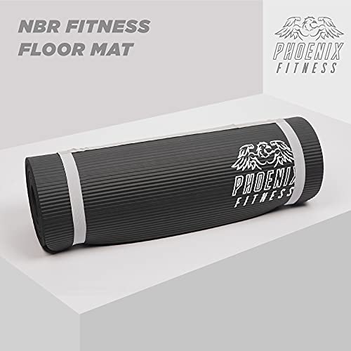 Phoenix Fitness RY1068 Exercise NBR Fitness Yoga Mat - Double Sided Anti Slip High Density Floor Mat, 185 x 61 cm - 15mm Thickness, Carry Strap, Black