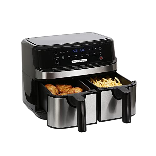 EMtronics EMAFDD9LSL Dual Air Fryer Extra Large Family Size Double XL 9 Litre with 8 Pre-Set Menus for Oil Free & Low Fat Healthy Cooking, Easy Clean Metal Interior, 99-Minute Timer - Stainless Steel