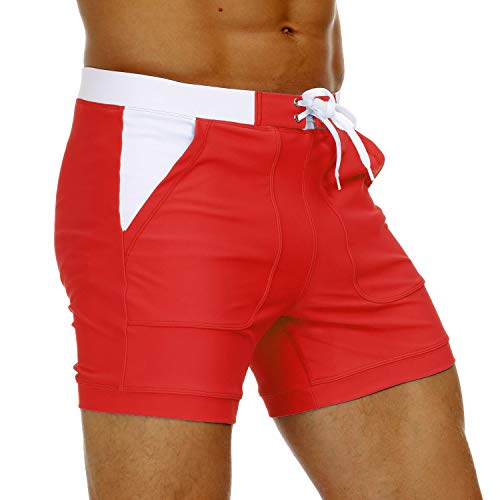 KEFITEVD Men's Quick Dry Swim Trunks Beach Surf Shorts Sexy Slim Stretchy Spa Briefs Elastic Waist Short Board Pants , Red, 34