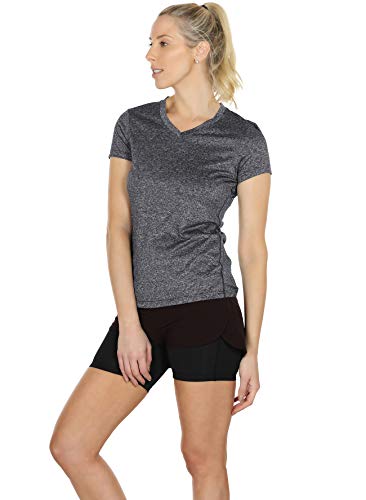 icyzone Women's Workout Running T-Shirt Yoga Fitness V-Neck Short-Sleeve Tops Sports Shirt, 3 Pack (XL, Charcoal/Lavender/Peach)