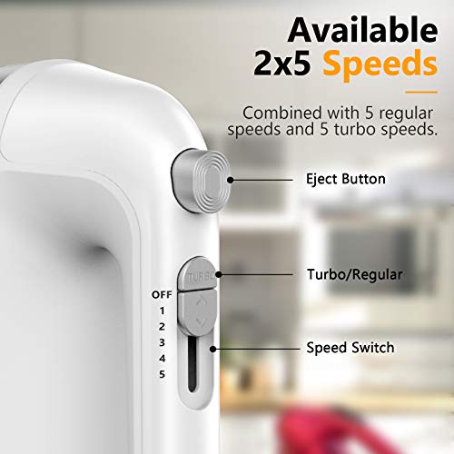 Hand Mixer Electric, 450W Kitchen Mixers with Scale Cup Storage Case , Turbo Boost / Self-Control Speed + 5 Speed + Eject Button + 5 Stainless Steel Accessories , For Easy Whipping Dough ,Cream