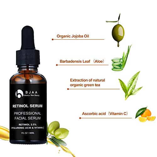 BJAA Retinol Serum - High Strength with 2.5% Retinol, Hyaluronic Acid, Vitamin C & E, and Organic Aloe. Anti-Wrinkle Anti-Ageing Facial Serum for Dark Spot, Fine Lines, Scar and Skin Repair 30ml