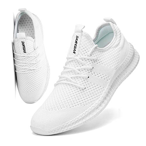 FUJEAK Women Running Shoes Walking Trainers Tennis Gym Work Fitness Sport Casual Daily Safety Outdoor Cycling Jogging Hiking Flat Athletic Lace-Up Shoes Fashion Sneakers White Size 5.5 UK