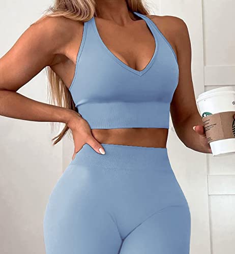 Jetjoy Workout Gym Set for Women 2 Piece Athletic Outfits Seamless Crop Tank Yoga Leggings Gym Activewear Tracksuits Sets