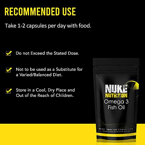 Nuke Nutrition Omega 3 Fish Oil Capsules - 180 Capsules - High Strength 1000mg with DHA & EPA - Cod Liver Oil Supplements - Omega 3 1000mg Capsules - Support Brain, Eye & Heart Health - Easy Swallow