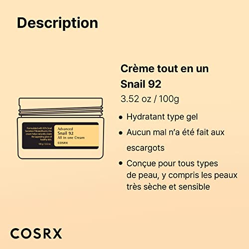 COSRX Advanced Snail 92 All in one Cream, 3.53 oz/100g | Moisturizing Snail Secretion Filtrate 92% | Facial Moisturiser, Long Lasting, Deep & Intense Hydration, Korean Skin Care