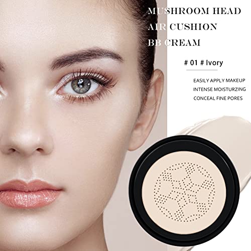 Ownest Mushroom Head Air Cushion BB Cream, Concealer Lasting Nude Makeup Moisturizing Brightening Pigment CC Liquid Foundation, Even Skin Tone Makeup Base BB Cream(Ivory)