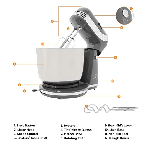 Quest Stand Mixers / 6 Speeds / 3L and 5L Sizes / Stainless Steel Bowl / Accessories Included / Ideal for Baking (3L, Grey)