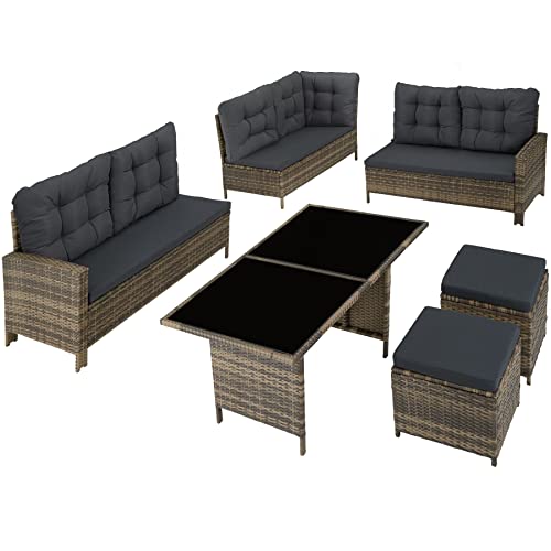 TecTake Rattan Garden Furniture Set - 8 Seater Garden Rattan Furniture Set Including an Outdoor Sofa, 2 Stools, Table, Cushions, Assembly Clamps and Instructions (Nature and Dark Grey)