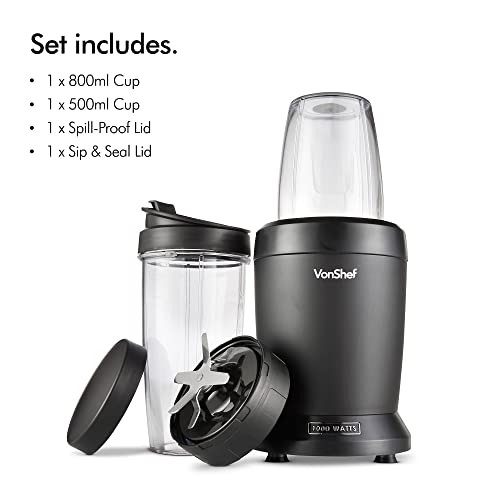 VonShef Blender Smoothie Maker – Mini Blender for Fruit, Vegetables and Crushing Ice, 1000W, w/ 500ml & 800ml Portable Cups, 1 Button Control – Black