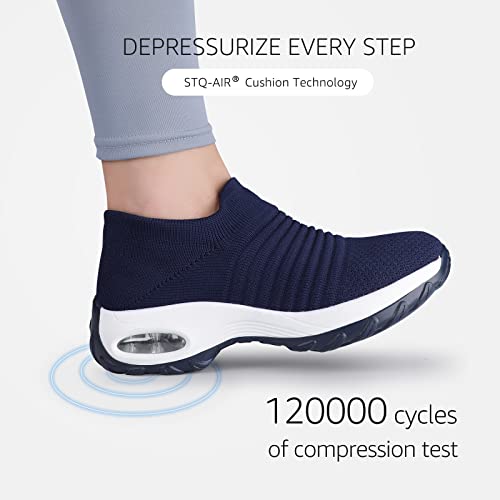 Womens Walking Slip on Platform Shoes Wide Fit Trainers Air Cushion Sneakers Fashion Loafers Shoes Gym Fitness Jogging Sports Shoes Navy UK3(1839shenlan35)