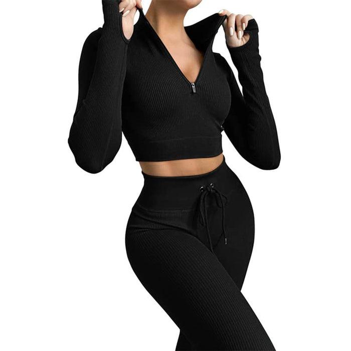 BFACCIA Women Workout Outfits 2 Piece Set Long Sleeve Ribbed Seamless Casual Comfortable Gym Set High Waist Running Leggings Sets Zip Up Crop Activewear Tracksuit Yoga Fittness