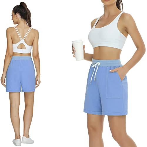 Enjyam Women's 100% Cotton Classic Bermuda Shorts Sport Shorts Moisture Wicking Activewear with Pockets Hiking Shorts Pyjama Bottoms,Light Blue-S