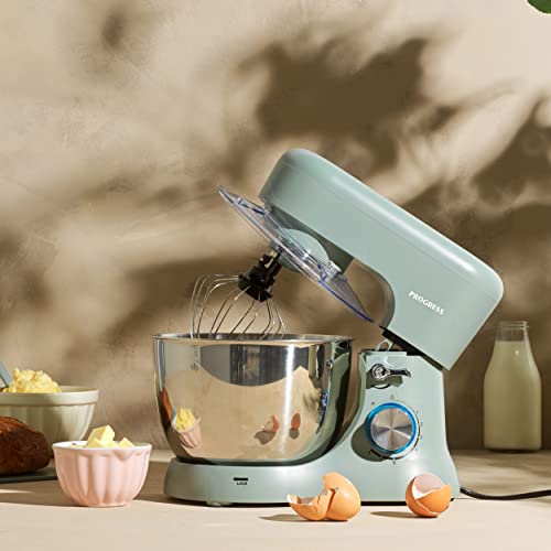 Progress EK5234PTEAL Go Bake Stand Mixer, 4 L Stainless Steel Bowl, Electric Kitchen Mixer, 8 Speed Settings & Pulse, 3 Attachments: Beater, Dough Hook, Whisk, Splash Guard, Safety Lock, 1300W, Teal