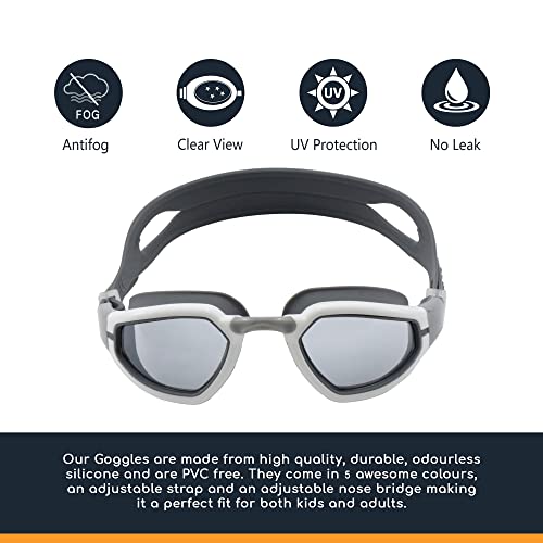 Bzain Swimming Goggles, Adult Women, Men & Kids with 3 Changeable Nose Bridges, UV Protection, Anti Fog & No Leak, Indoor Outdoor Swimming Googles (Grey & Black (Pack Of 2))