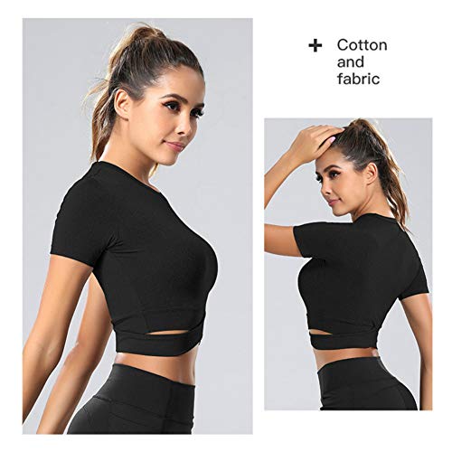 SotRong Womens Cross Bandage Workout Crop Tops Slim Fit Gym Yoga Tops Cute Athletic Crossover Shirts Activewear Short Sleeve Black M