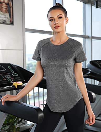 Wayleb Womens Gym Tops Ladies Sports T-Shirts, Workout Yoga Tops for Women, Basic Short Sleeve T Shirts, Summer Quick Dry Fitness Running T Shirt Loose Activewear Tops for Gym Exercise Dark Grey