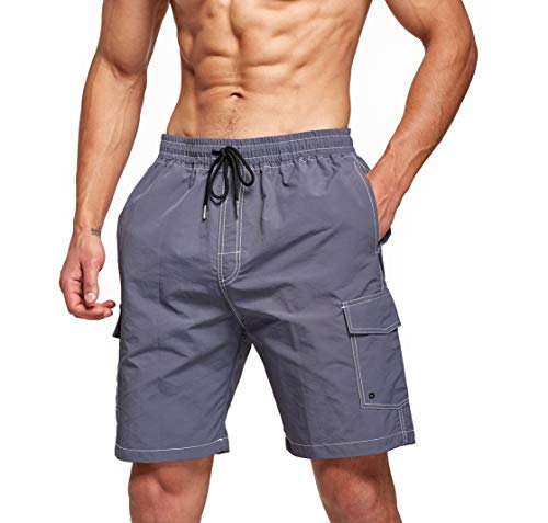 Tansozer Mens Swimming Shorts Quick Dry Swim Shorts Swimming Trunks Men Beach Shorts Waterproof Board Shorts with Pockets Surf Shorts Mesh Lining Grey M