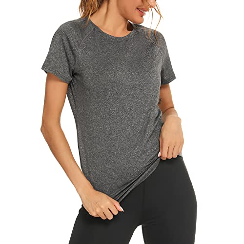 Wayleb Womens Gym Tops Ladies Sports T-Shirts, Workout Yoga Tops for Women, Basic Short Sleeve T Shirts, Summer Quick Dry Fitness Running T Shirt Loose Activewear Tops for Gym Exercise Dark Grey