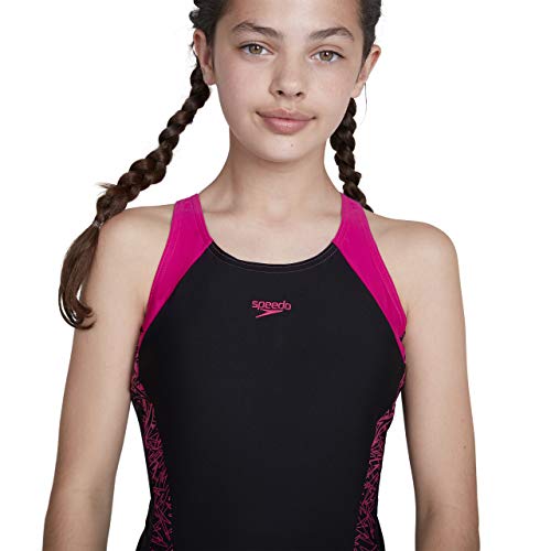 Speedo Girl's Boom Splice Muscle Back Swimsuit, Black/Electric Pink, 13-14 Years UK