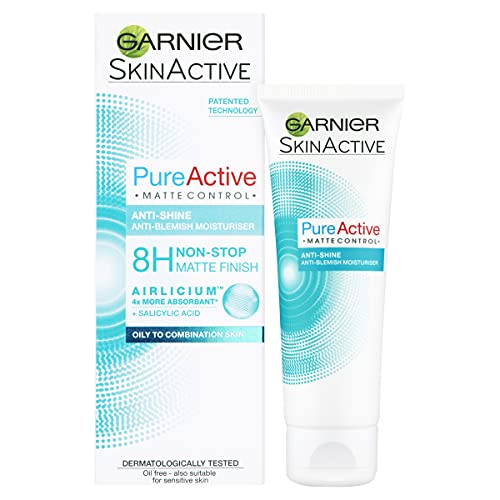 Garnier Pure Active Matte Control Anti-Blemish Face Moisturiser 50ml, Face Care For Oily Skin, With Salicylic Acid & Mineral Silica, Ultra Light Soothing Gel Texture, Dermatologically Tested