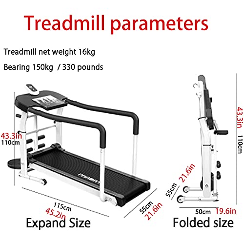 ZYQDRZ Three-In-One Foldable Manual Treadmill, Aerobic Mechanical Treadmill, Silent Treadmill with Extended Armrests, Household Mechanical Walking Machine,White