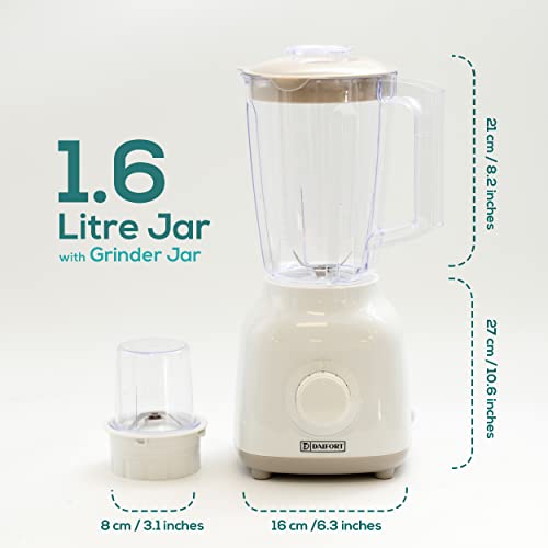 Daifort 2 in 1 Food Jug Blender with 1.6L Plastic Jar | Stainless Steel Blades, 2 Speed Control with Pulse | Smoothie Blender with Coffee/Spice Grinder Mill Included | 1.6L, 400W (Ivory White)