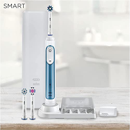 Oral-B Smart 7 Electric Toothbrush with Smart Pressure Sensor, App Connected Handle, 3 Toothbrush Heads & Travel Case, 5 Mode Display with Teeth Whitening, Gift Set, 2 Pin UK Plug, 7000N, Blue