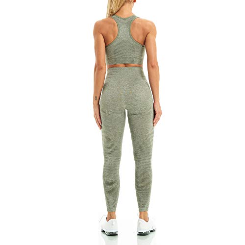 WodoWei Women 2 Piece Workout Outfits Sports Bra Seamless Leggings Yoga Gym Activewear Set, Khaki Grey Marl, Small