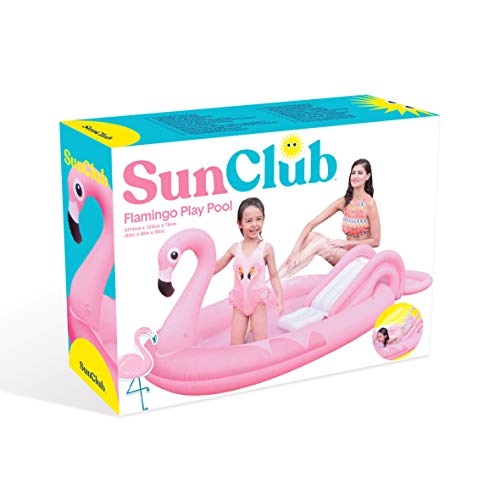 Sun Club Inflatable Flamingo Design Play Paddling Pool with Water Spray, Slide and Balls, Pink