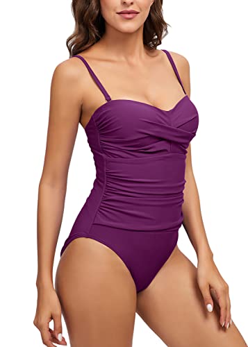 Derssity Women One Piece Swimsuit Ruched Tummy Control Swimming Costume Twist Push Up Swimwear Bandeau Bathing Suit(P,L)