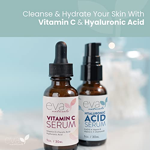 Eva Naturals Hydrate and Brighten Skincare Bundle - Includes Hyaluronic Acid Serum and 20% Vitamin C Serum - Restores Lost Moisture, Plumps Skin while Toning and Brightens and Smooths the Complexion