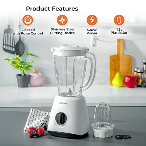 Geepas Electric Blender Smoothie Maker, Jug Blender 2 in 1 - 400W, White | Stainless Steel Blades| 1.5L Jar | Chopper, Coffee Grinder Smoothie Milkshake Maker,1 pack