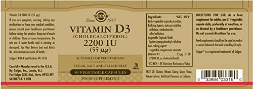 Solgar Vitamin D3 (Cholecalciferol) 2200 IU (55 µg) Vegetable Capsules - Pack of 100 - Healthy Bones and Teeth - Supports Immunity and Muscle Function - Vegetarian