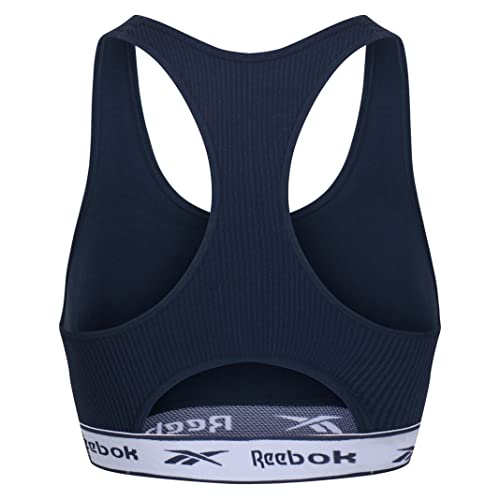 Reebok Womens Seamless Ribbed Crop Top with Removable Pads, Wirefree with Branded Elastic Waistband and Cut Out Racer Back in Navy Blue