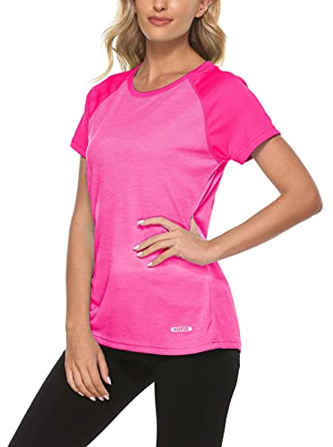 MoFiz Women's Workout Running T-Shirt Activewear Yoga Gym Breathable Soft Short Sleeve Tops Sports Tee Rose red Size L