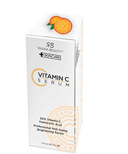 Radha Beauty Natural Vitamin C Serum for Face, 60mL - 20% Organic Vitamin C + Vitamin E + Hyaluronic Acid, Facial Serum for Anti-Aging, Wrinkles, and Fine Lines