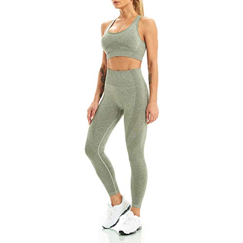 WodoWei Women 2 Piece Workout Outfits Sports Bra Seamless Leggings Yoga Gym Activewear Set, Khaki Grey Marl, Small