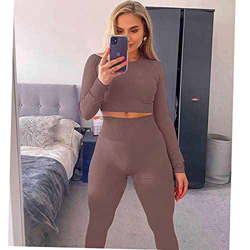 Jetjoy Gym Set for Women 2 piece Outfits Workout Set Gym Clothes for Womens Seamless Long Sleeve Tops and High Waist Leggings Activewear Sets