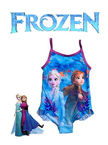 Disney Girls Frozen Swimming Costume, One Piece Swimwear Featuring Anna and Elsa, Age 5-6 Years Blue